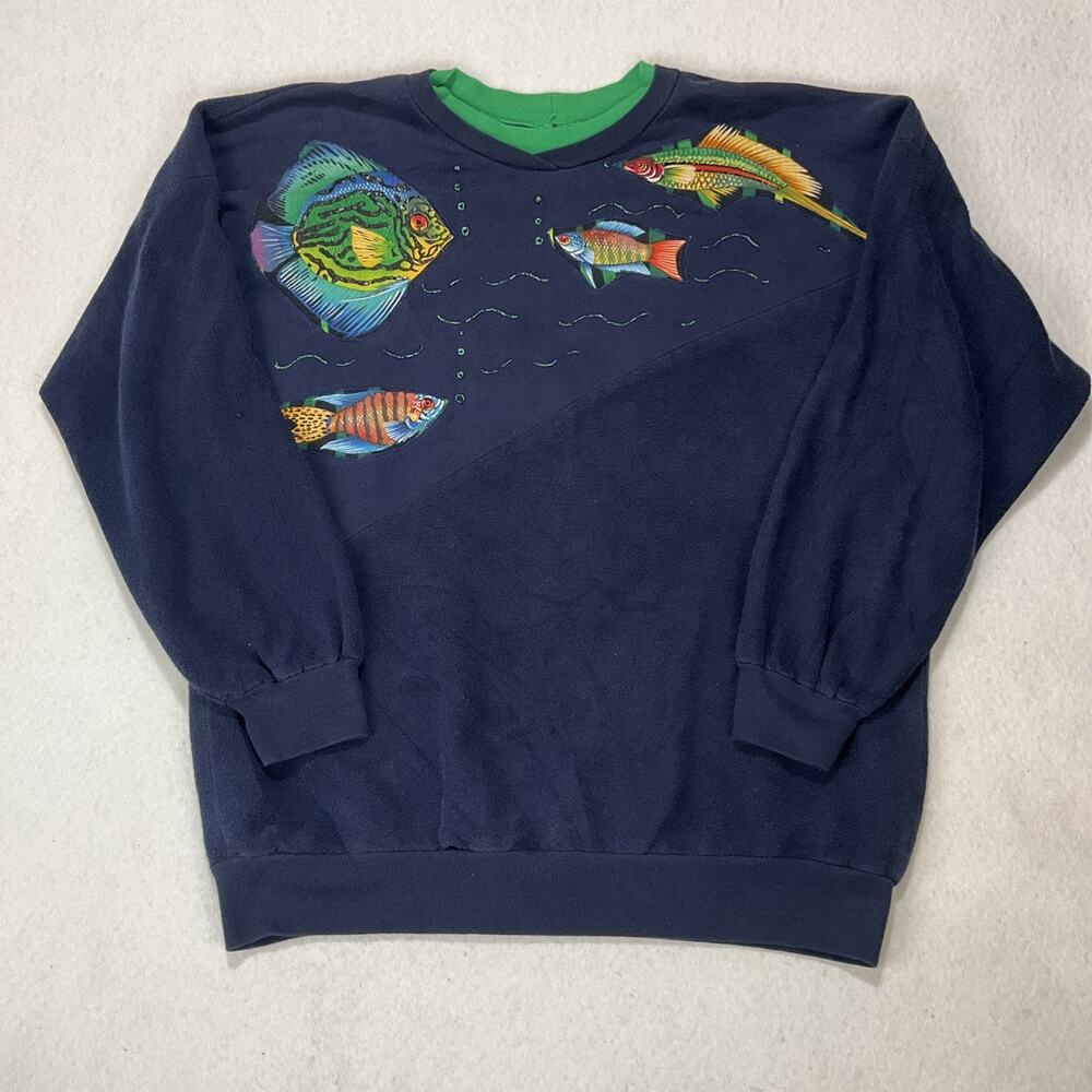 Unique Vintage 90s Handmade Navy Fish Art To Wear Terry Crewneck Sweatshirt L